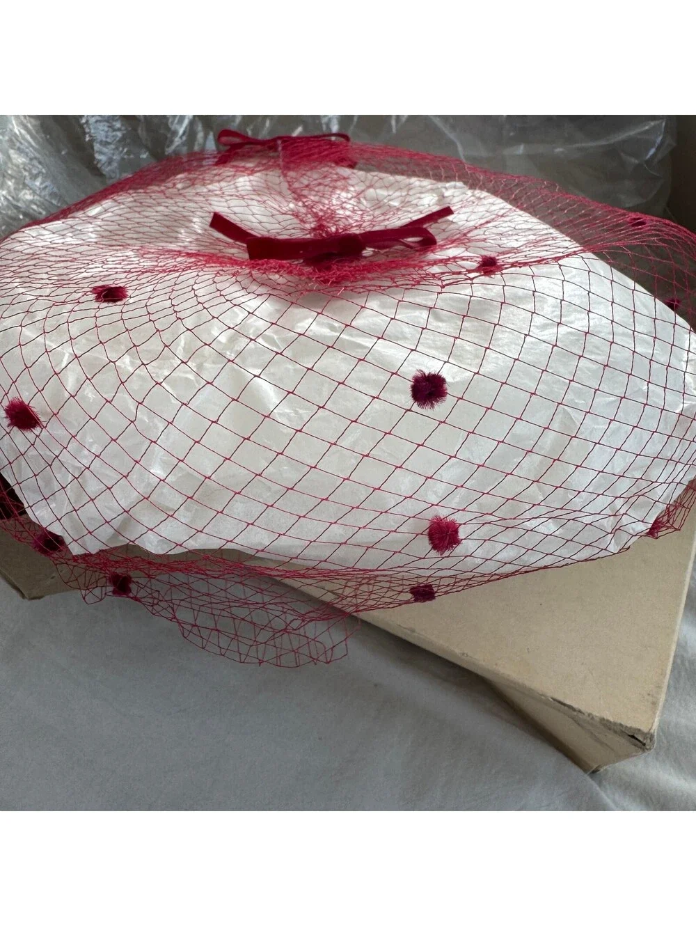 Vintage 1950s-1960s Birdcage Fascinator Hat Burgundy Nylon Mesh Velvet
